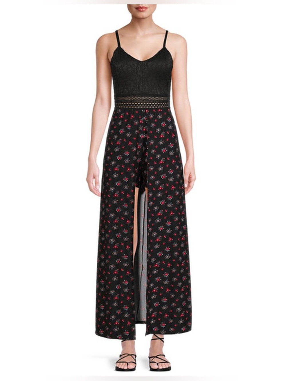 No Boundaries Black Floral Printed High Low Maxi Romper Sz 2XL
